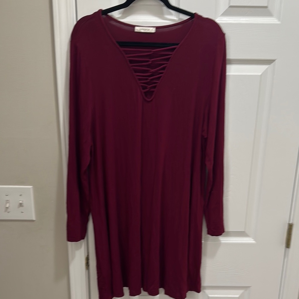 Maroon Long Sleeve Dress with V-Neck Detail